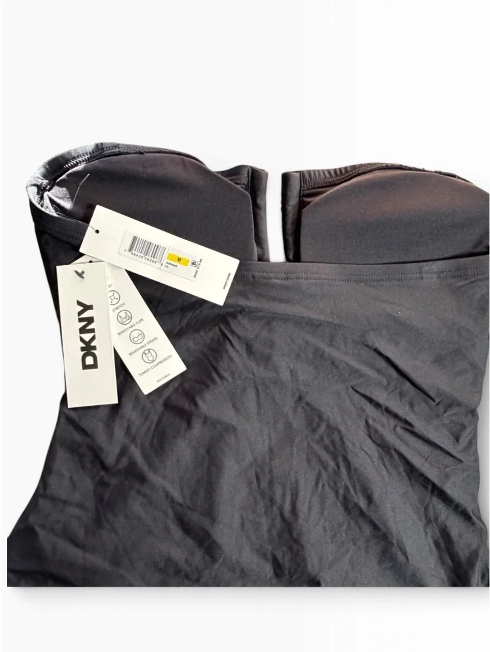 DKNY black strapless UPF 40+ stretch tummy control one piece swimsuit $79 NWT